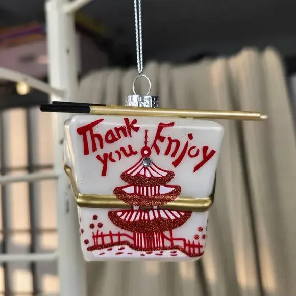 Chinese Take Out Box with Chopsticks Blown Glass Christmas Ornament Foodie - Picture 2 of 6